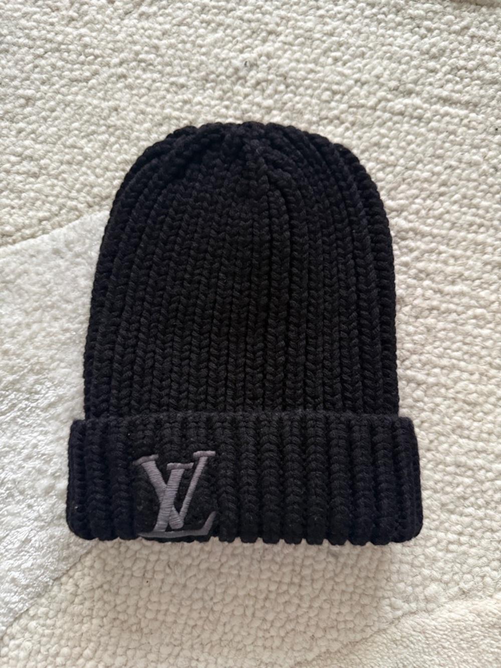 Louis Vuitton Black Beanie with Gray LV Embroidery
